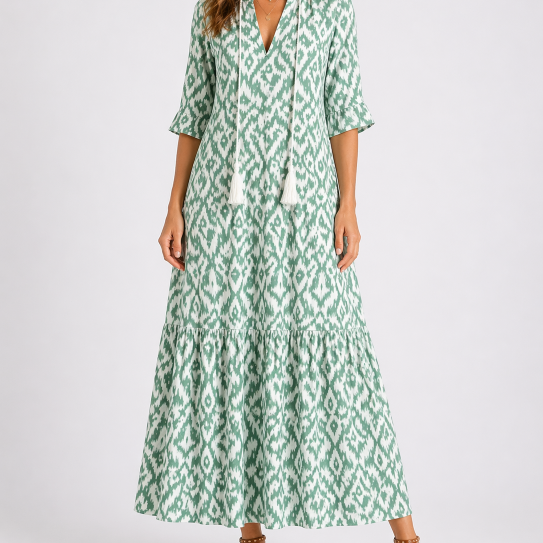 Women's Tassel Tie-Neck Ikat Print Maxi Dress | Brianna