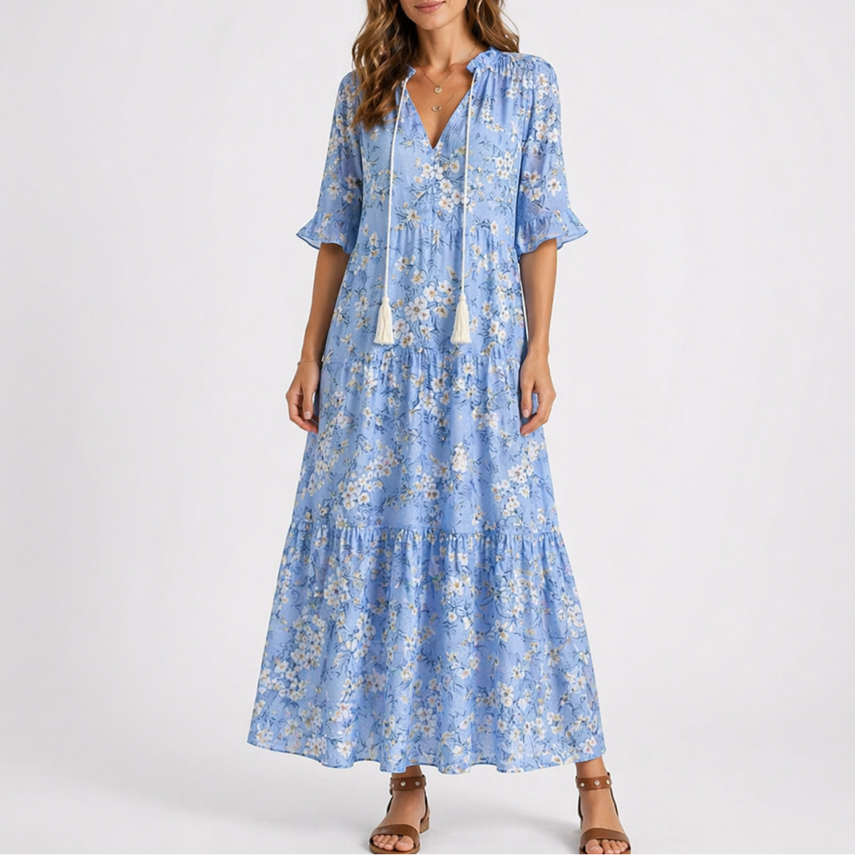 Women's Tassel Tie-Neck Ikat Print Maxi Dress | Brianna