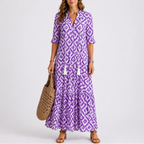 Women's Tassel Tie-Neck Ikat Print Maxi Dress | Brianna