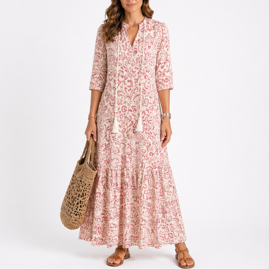 Women's Tassel Tie-Neck Ikat Print Maxi Dress | Brianna
