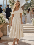 Women's Textured Floral Square Neck Midi Dress with Tiered Skirt | Alice