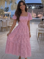 Women's Textured Floral Square Neck Midi Dress with Tiered Skirt | Alice