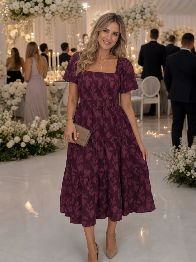 Women's Textured Floral Square Neck Midi Dress with Tiered Skirt | Alice