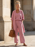 Women's Three Piece Linen-Look Top & Wide Leg Pants Set | Ava