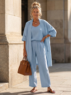 Women's Three Piece Linen-Look Top & Wide Leg Pants Set | Ava