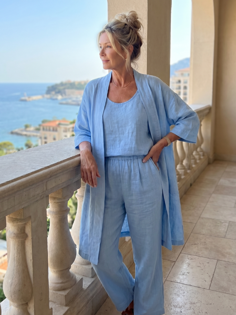 Women's Three Piece Linen-Look Top & Wide Leg Pants Set | Ava