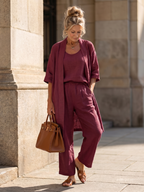 Women's Three Piece Linen-Look Top & Wide Leg Pants Set | Ava