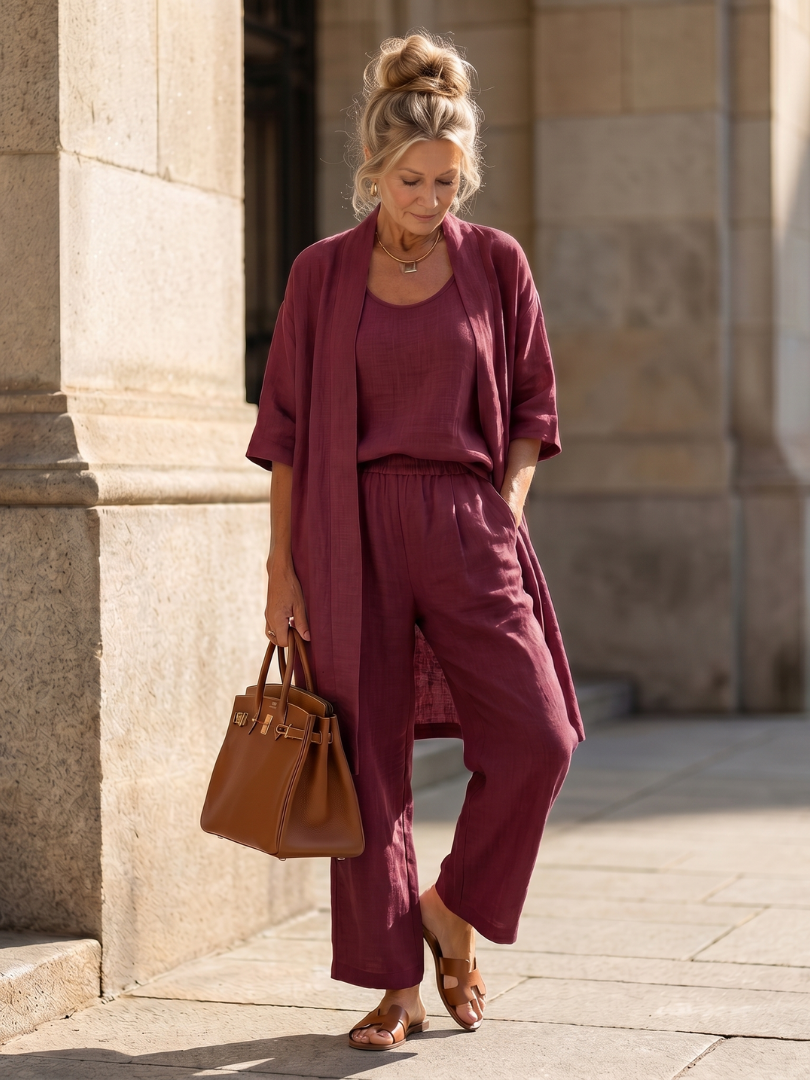 Women's Three Piece Linen-Look Top & Wide Leg Pants Set | Ava