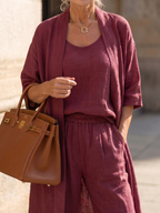 Women's Three Piece Linen-Look Top & Wide Leg Pants Set | Ava