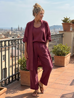 Women's Three Piece Linen-Look Top & Wide Leg Pants Set | Ava