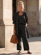 Women's Three Piece Linen-Look Top & Wide Leg Pants Set | Ava