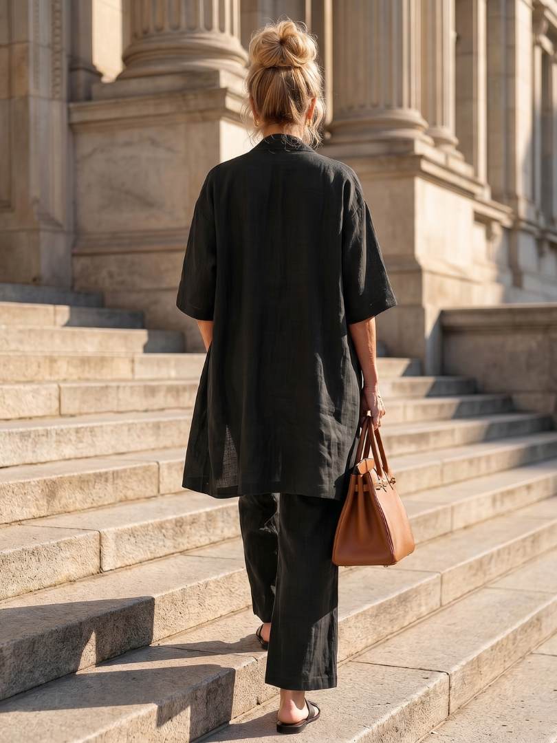Women's Three Piece Linen-Look Top & Wide Leg Pants Set | Ava