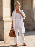 Women's Three Piece Linen-Look Top & Wide Leg Pants Set | Ava