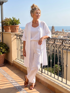 Women's Three Piece Linen-Look Top & Wide Leg Pants Set | Ava