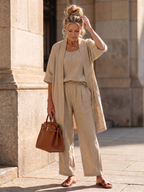 Women's Three Piece Linen-Look Top & Wide Leg Pants Set | Ava