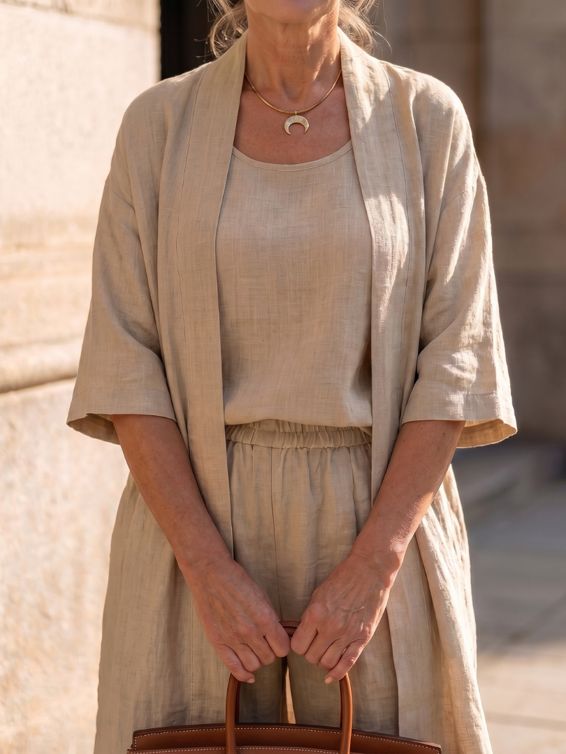 Women's Three Piece Linen-Look Top & Wide Leg Pants Set | Ava