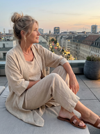 Women's Three Piece Linen-Look Top & Wide Leg Pants Set | Ava