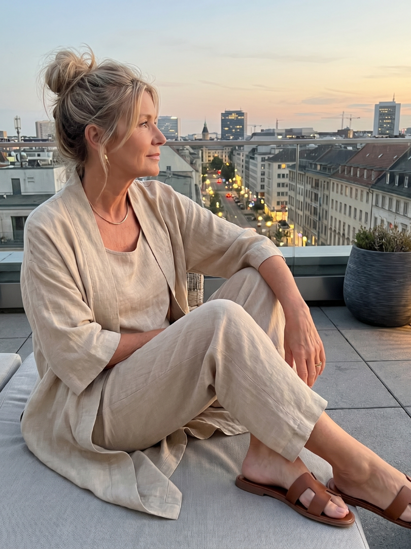 Women's Three Piece Linen-Look Top & Wide Leg Pants Set | Ava