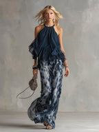 Women's Tie-Dye Chiffon Halter Top & Wide-Leg Trousers Set | Una
