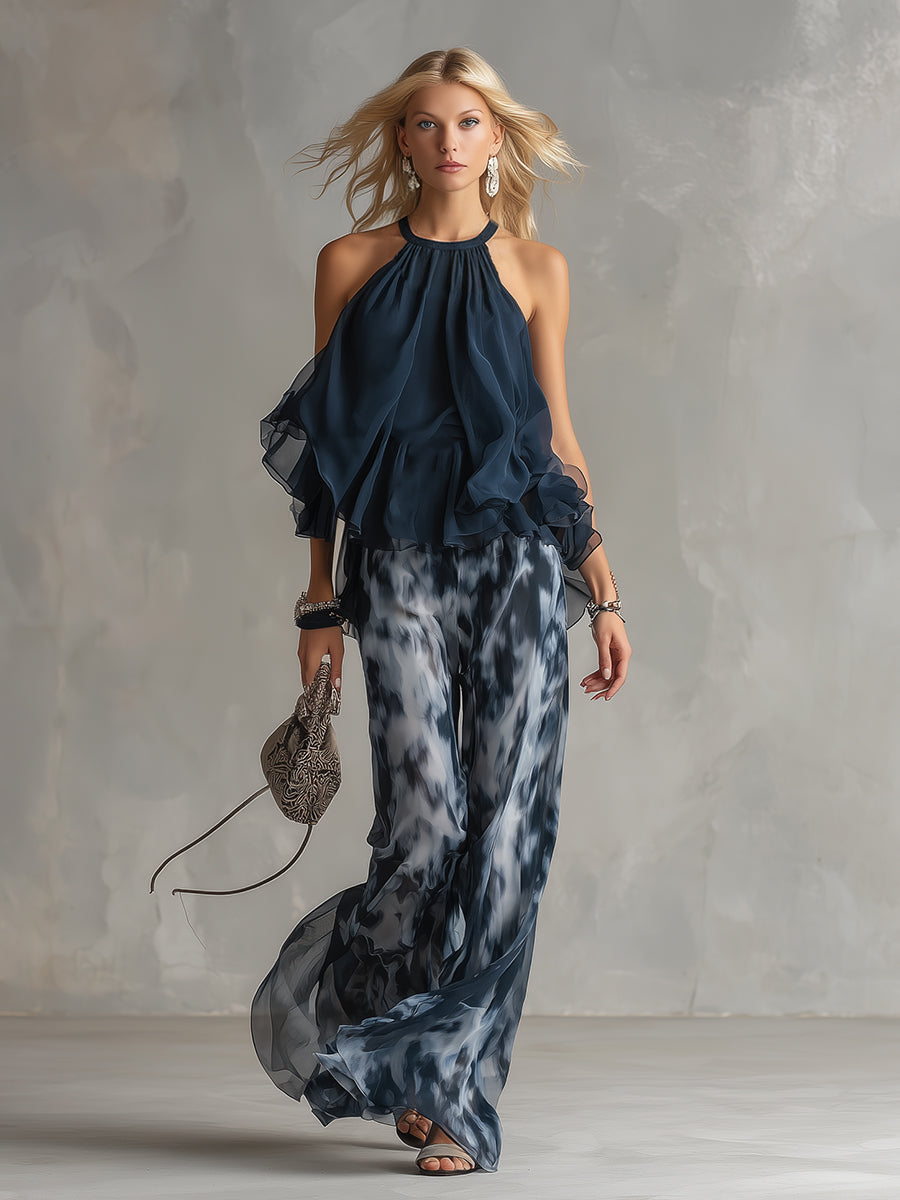Women's Tie-Dye Chiffon Halter Top & Wide-Leg Trousers Set | Una