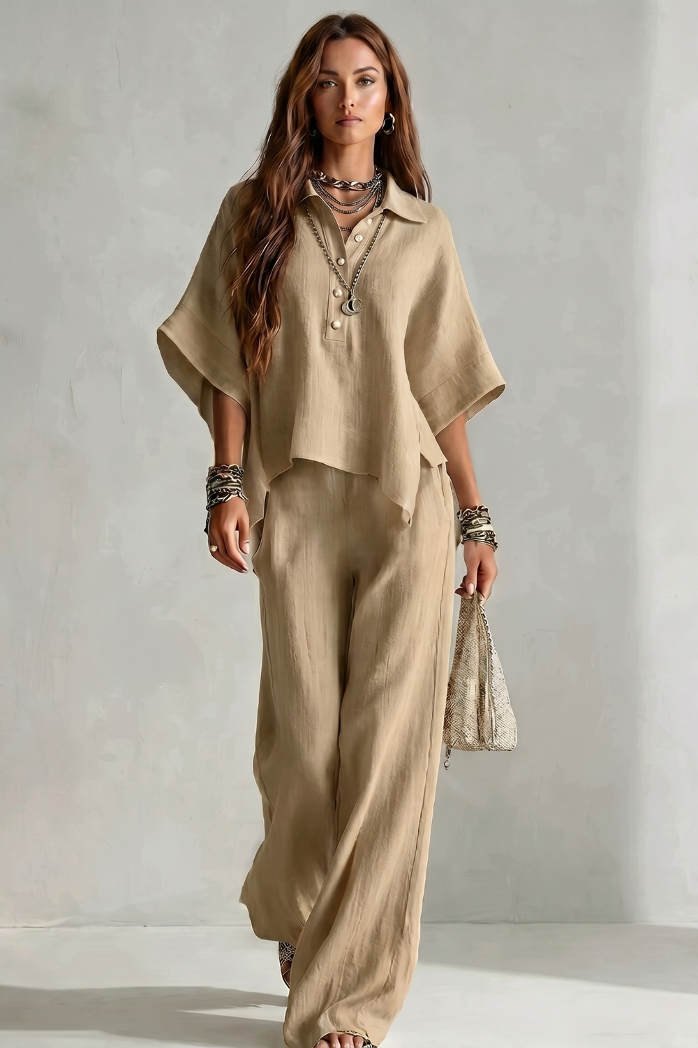 Women's Two-Piece Short Sleeve Shirt & Wide Leg Trouser Set | Maya