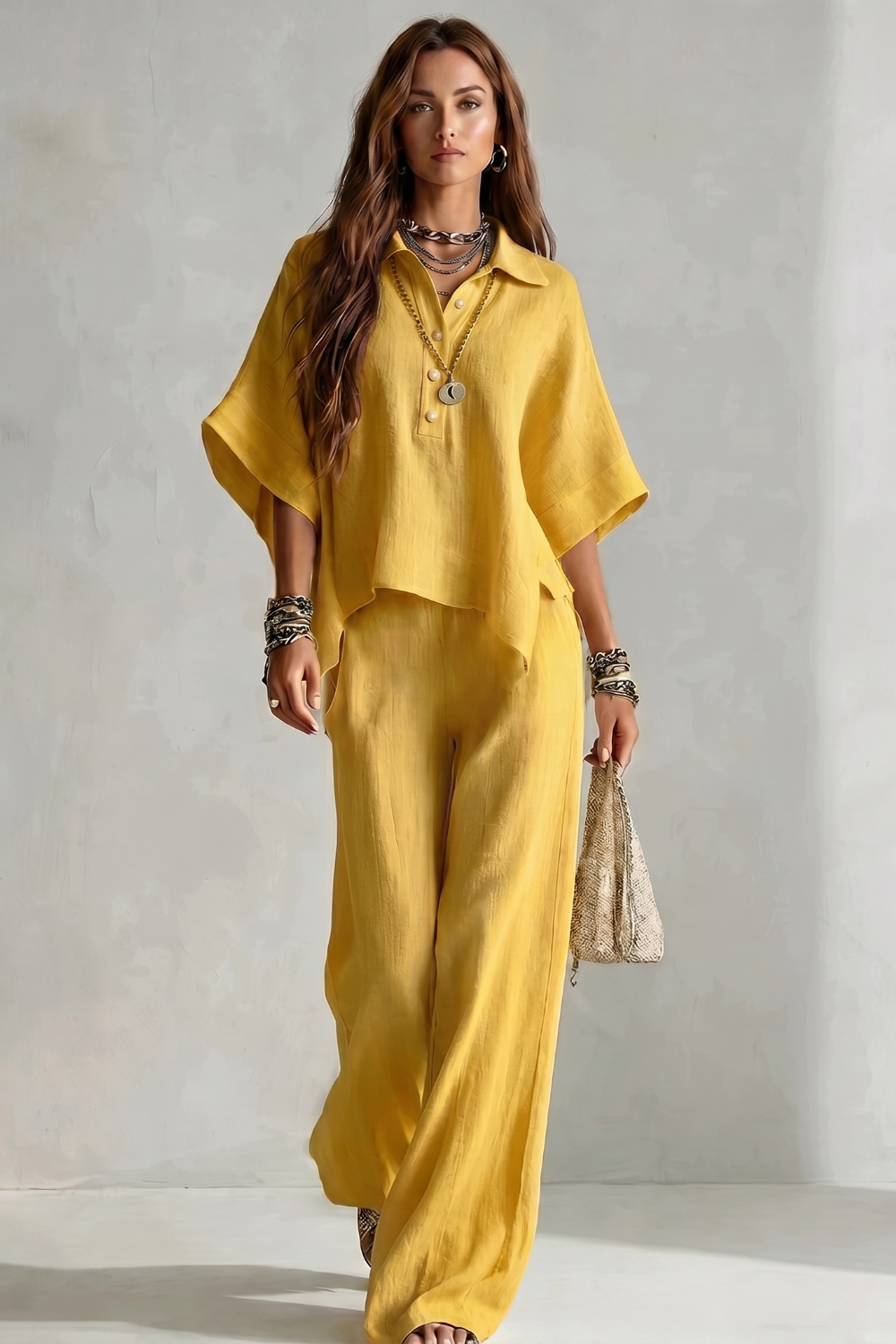 Women's Two-Piece Short Sleeve Shirt & Wide Leg Trouser Set | Maya