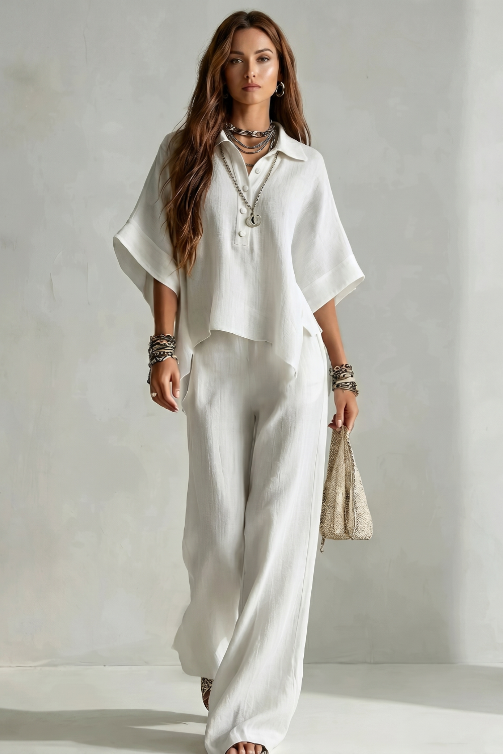 Women's Two-Piece Short Sleeve Shirt & Wide Leg Trouser Set | Maya