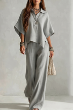 Women's Two-Piece Short Sleeve Shirt & Wide Leg Trouser Set | Maya