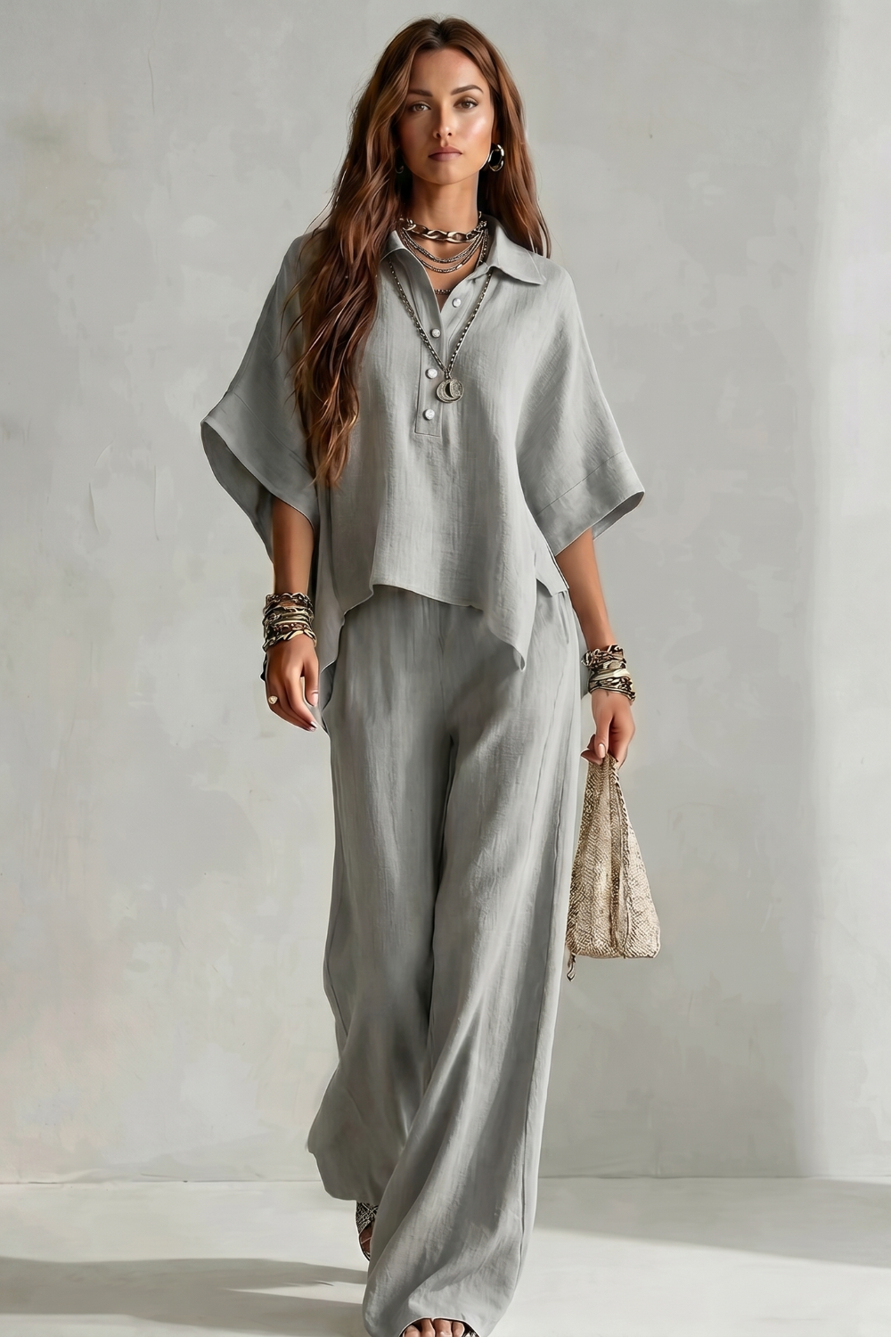 Women's Two-Piece Short Sleeve Shirt & Wide Leg Trouser Set | Maya