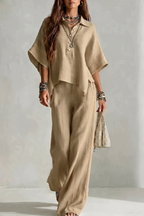 Women's Two-Piece Short Sleeve Shirt & Wide Leg Trouser Set | Maya
