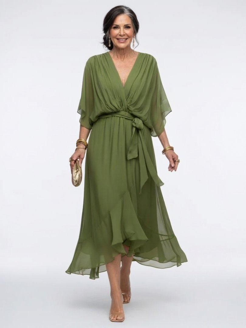 Women's V-Neck Draped Waist Tie Flowy Midi Dress | Anya