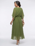 Women's V-Neck Draped Waist Tie Flowy Midi Dress | Anya
