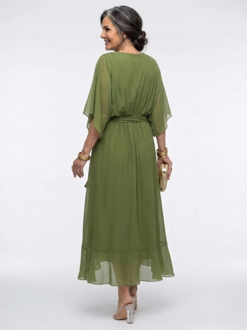 Women's V-Neck Draped Waist Tie Flowy Midi Dress | Anya