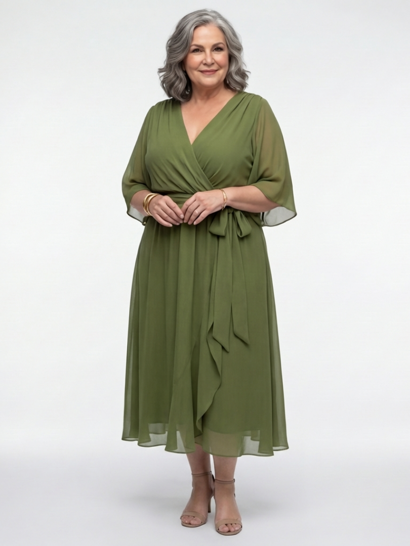 Women's V-Neck Draped Waist Tie Flowy Midi Dress | Anya