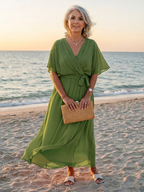 Women's V-Neck Draped Waist Tie Flowy Midi Dress | Anya