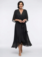 Women's V-Neck Draped Waist Tie Flowy Midi Dress | Anya