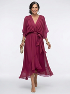 Women's V-Neck Draped Waist Tie Flowy Midi Dress | Anya
