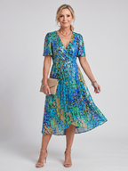 Women's V-Neck Floral Wrap Midi Dress with Flutter Sleeves | Mabel