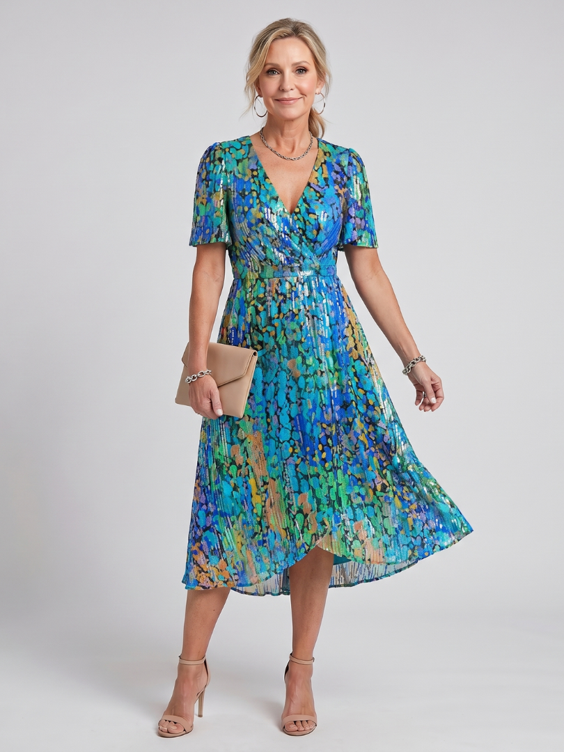 Women's V-Neck Floral Wrap Midi Dress with Flutter Sleeves | Mabel