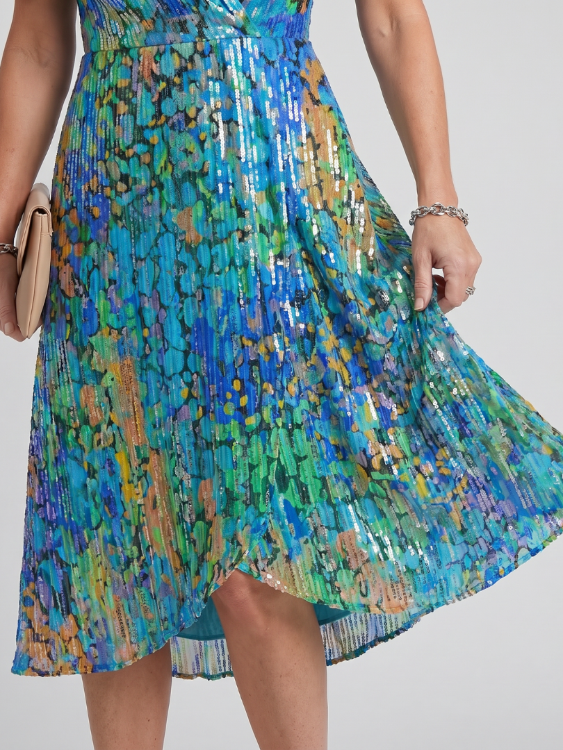 Women's V-Neck Floral Wrap Midi Dress with Flutter Sleeves | Mabel