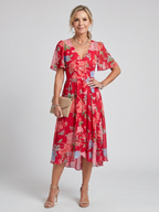 Women's V-Neck Floral Wrap Midi Dress with Flutter Sleeves | Mabel