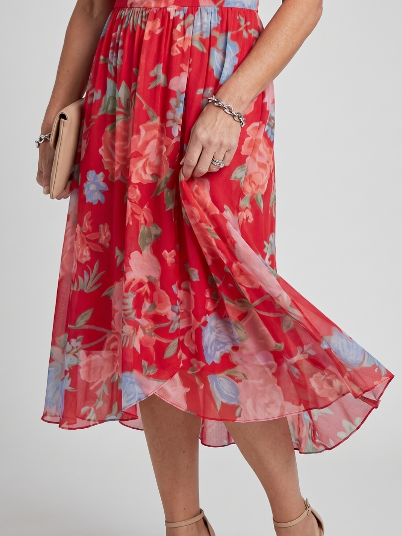 Women's V-Neck Floral Wrap Midi Dress with Flutter Sleeves | Mabel