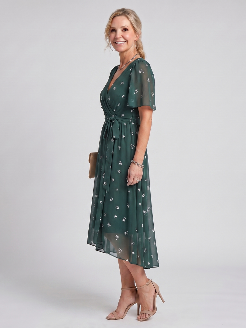 Women's V-Neck Floral Wrap Midi Dress with Flutter Sleeves | Mabel