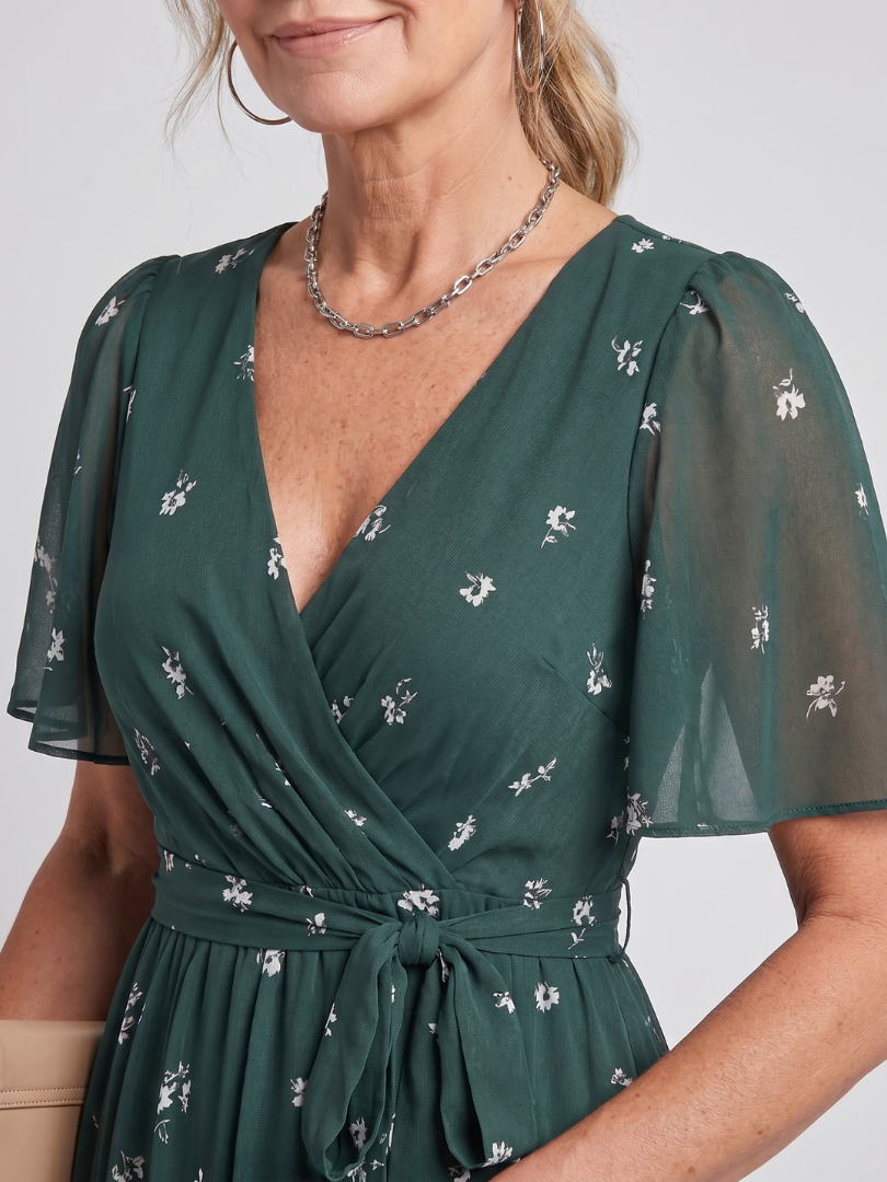 Women's V-Neck Floral Wrap Midi Dress with Flutter Sleeves | Mabel