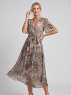 Women's V-Neck Floral Wrap Midi Dress with Flutter Sleeves | Mabel