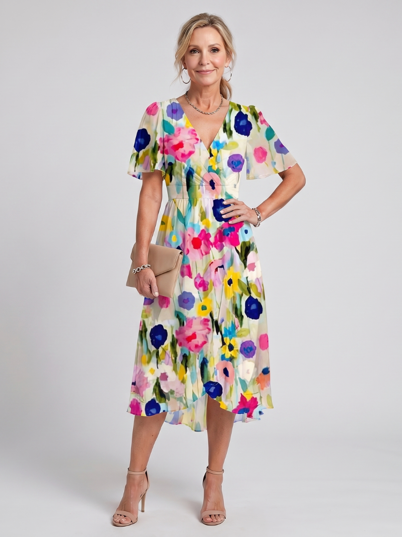 Women's V-Neck Floral Wrap Midi Dress with Flutter Sleeves | Mabel