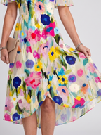 Women's V-Neck Floral Wrap Midi Dress with Flutter Sleeves | Mabel