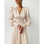 Women's V-Neck Lantern Sleeve Midi Dress with Button-Front | Clara