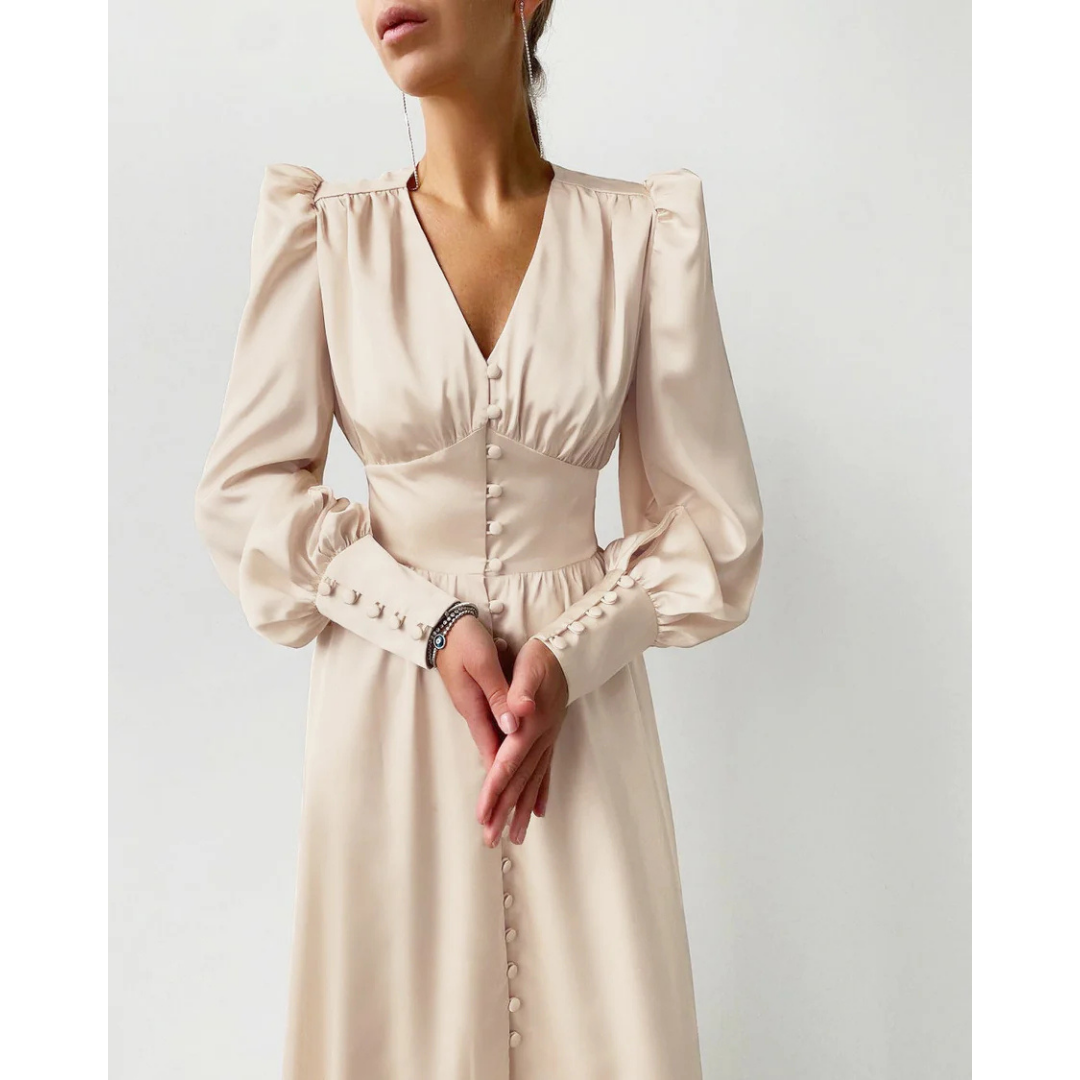 Women's V-Neck Lantern Sleeve Midi Dress with Button-Front | Clara