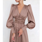 Women's V-Neck Lantern Sleeve Midi Dress with Button-Front | Clara